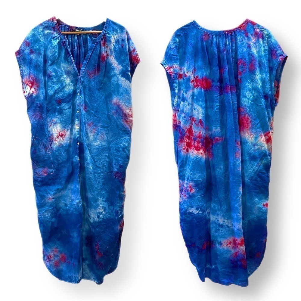 Tie dyed button front cotton dress swim cover up caftan galaxy size XL red blue